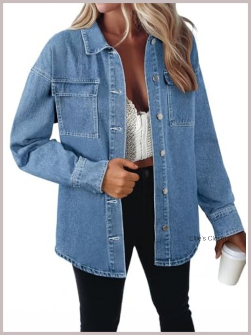 Oversized Denim Button Down Shirt Women Long Sleeve Cotton Polyester Chambray